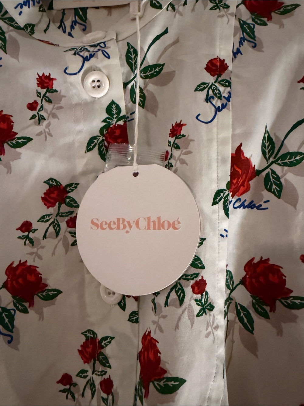 See by Chloe women’s Floral Button-Front Dress - White with Red Roses NWT - Picture 4 of 6